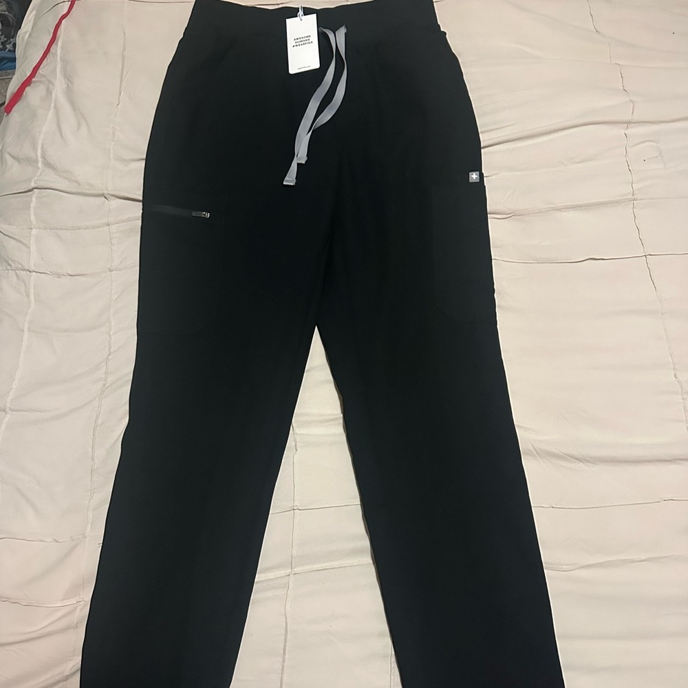 Figs Black Straight Leg Pants with Gray Drawstring